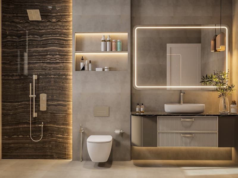 Salle de bain moderne rénovée avec un éclairage moderne